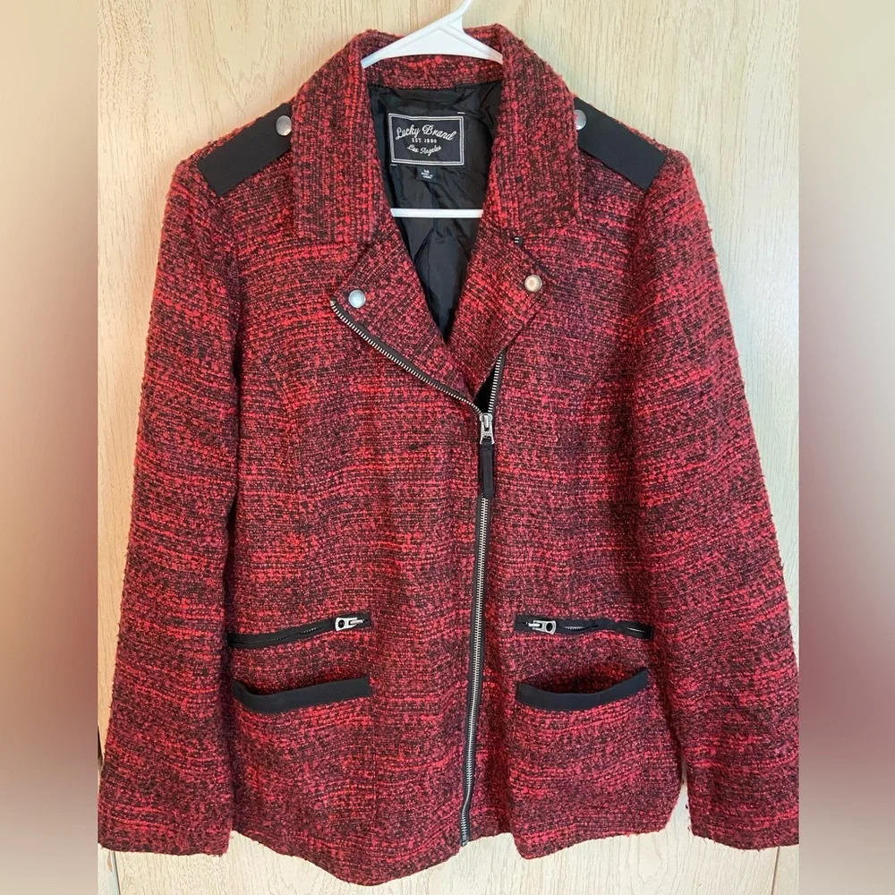 🩷 Lucky Brand Jacket Black Red Tweed Boucle Moto Jacket Motorcycle Career M